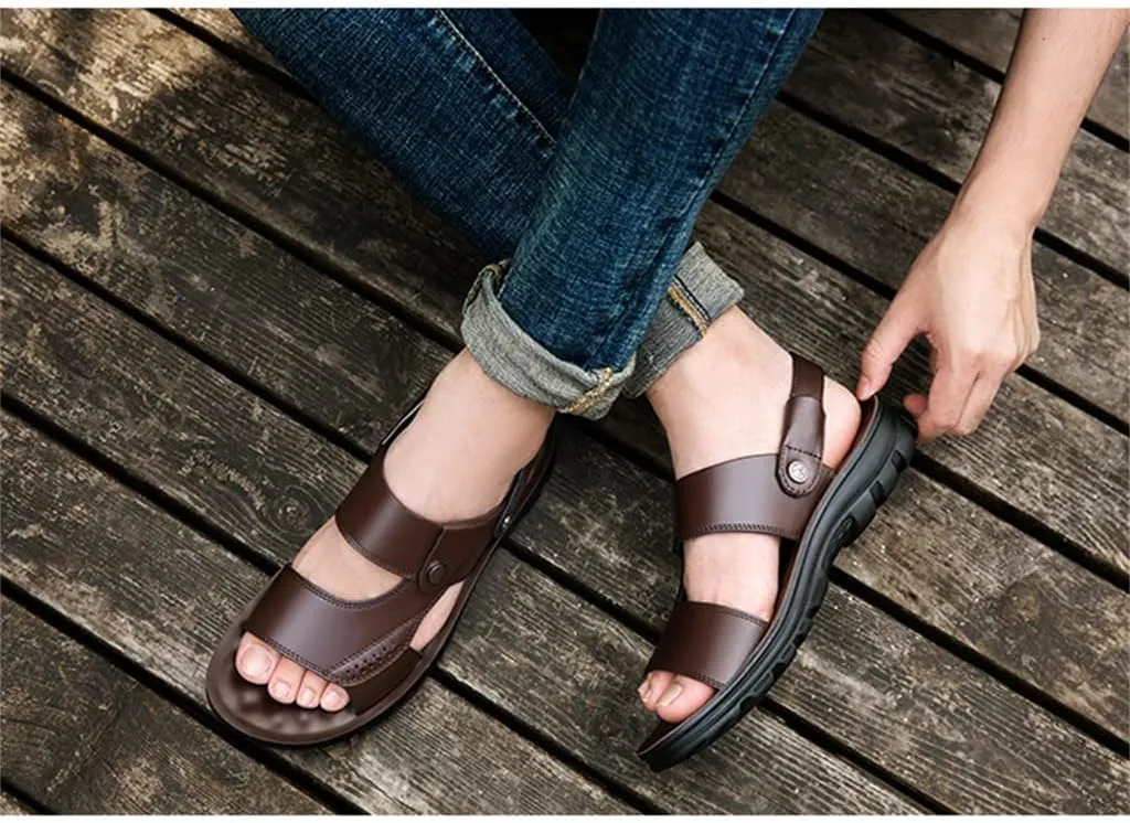 Beach Sandals Comfortable Soft Men Genuine Leather Slip-on Casual Sandals Outdoor Slippers Shoes(41)