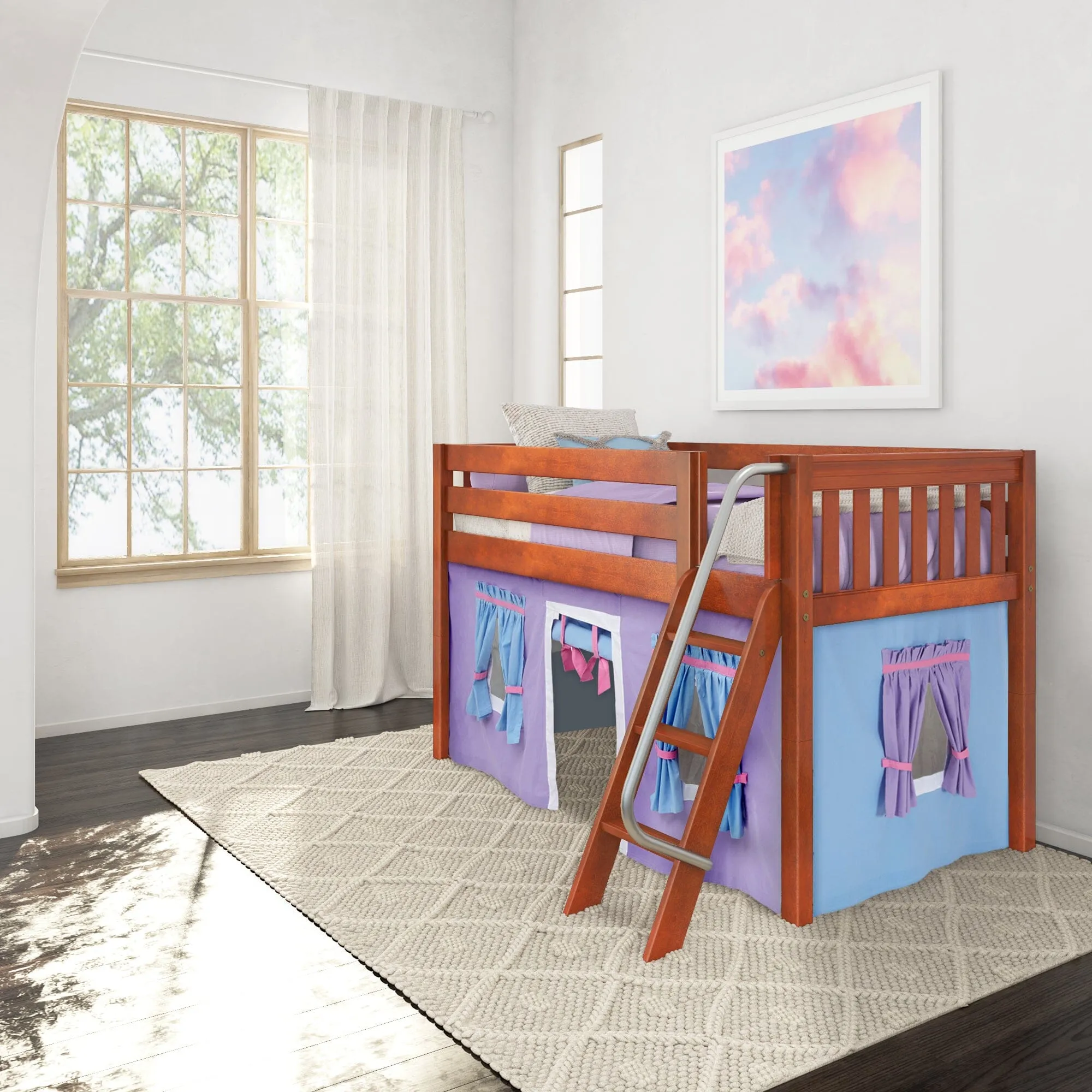 Twin Low Loft Bed with Underbed Curtain and Ladder